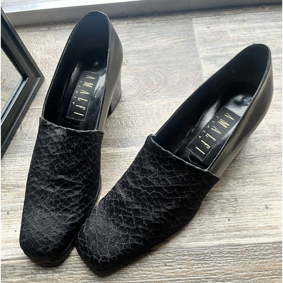 VTG 90s Gothic chic Italian square toe black fabric & leather chunky heels • 7.5 - Picture 9 of 16